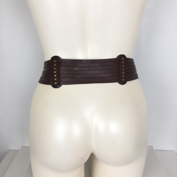 Boho Wide Corset Leather Statement Belt Brown Brass Studs Coldwater Creek Sz L - Picture 10 of 10